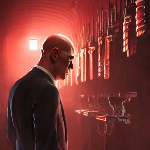 Prompt: a portrait of agent 4 7 from hitman standing in front of a wall of guns, dark background, red rim light, highly detailed, digital art, artstation, concept art, smooth, sharp focus, greg rutkowski, wlop
