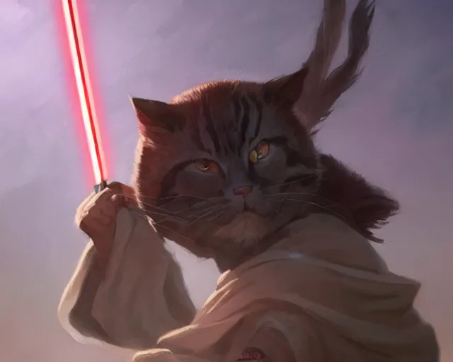 Image similar to Jedi cat order, anime, a fantasy digital painting by Greg Rutkowski and James Gurney, trending on Artstation, highly detailed