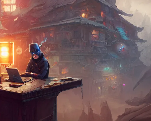 Image similar to an insanely detailed painting of a nerdy asian man wearing a superhero costume, sitting at a desk, staring at the nervously at the computer and typing, in the style of peter mohrbacher, dramatic lighting and composition, surreal background, octane render, pixar, trending on artstation, concept art, comic book, view from behind