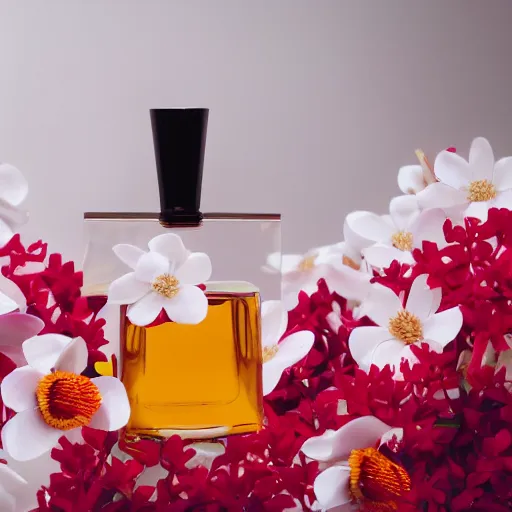 Image similar to perfume bottle sitting on a white surface surrounded by a plethora of red and white and peach flowers, bright white realistic, up close shot, white background, zen, light, modern minimalist f 2 0 blurry background