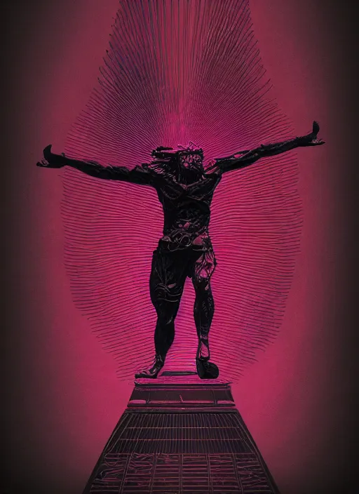 Prompt: elegant dark design poster showing a dynamic statue of achilles, black background with very subtle red and purple design elements, bold, powerful, nekro, vito acconci, thin straight purple lines, dark, glitch art, neo vaporwave, gritty, layout frame, square, trending on artstation