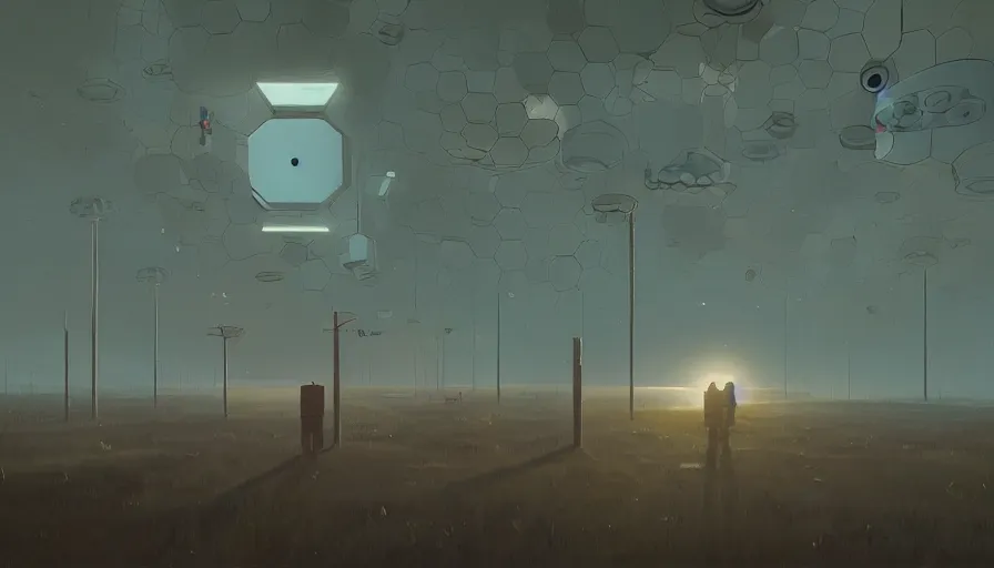 Prompt: mirror hexagons eyes in the sky, blocking the sun, simon stalenhag