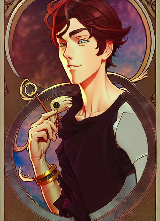 Image similar to art nouveau portrait of catboy, natural lighting, path traced, highly detailed, high quality, cartoon, digital painting, by don bluth and ross tran and studio ghibli and alphonse mucha