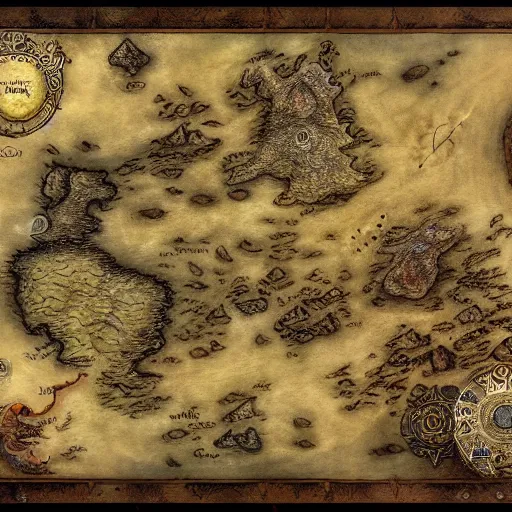 Prompt: simple fantasy map, the land of Odrua, several continents, world of Lute, by JRR Tolkien and Brian Froud, Vatican Map Room, fantasy concept painting, Magic The Gathering Art, trending on art station, showing kingdoms, oceans, continents, vast seas, open plains, baroque frame border