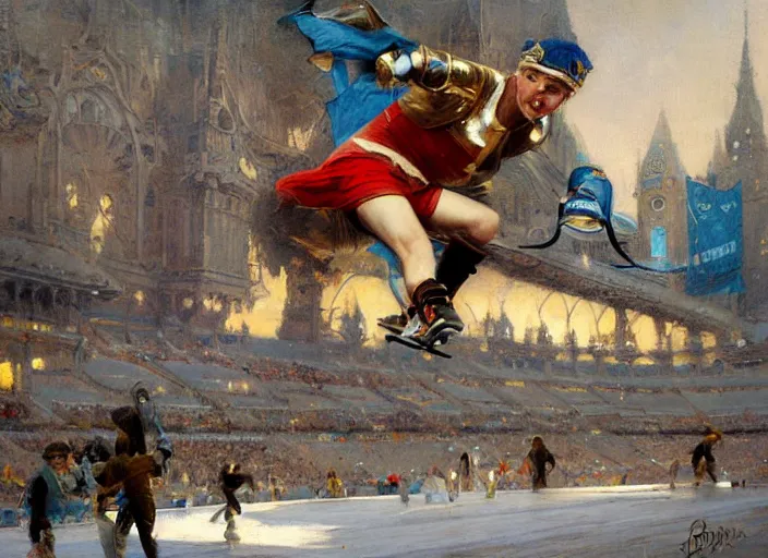 Image similar to the queen doing extreme skateboarding tricks at the olympics, highly detailed painting by gaston bussiere, craig mullins, j. c. leyendecker