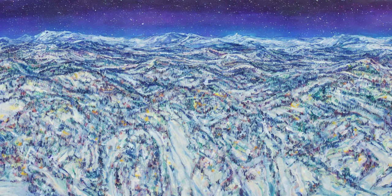 Image similar to abstract painting of the laurentian appalachian mountains in winter, unique, original and creative landscape, aerial view, snowy night, distant town lights, aurora borealis, deers and ravens, footsteps in the snow, brilliant composition