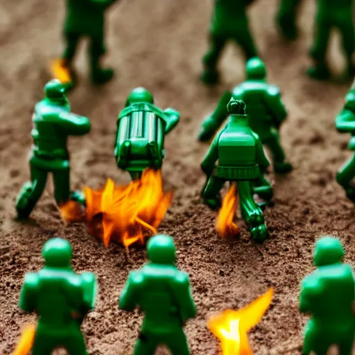 Image similar to 5 green plastic toy soldiers in set on fire . close up. DOF 100mm. F/1.8 45 45 degrees angle