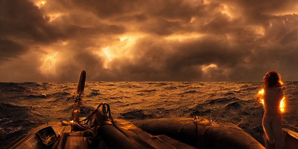 Prompt: medieval woman ship pilot from behind standing at the bow of a ship at sea, dramatic dark glowing golden neon sunset with thick wall of storm clouds and turbulant seas with land in the distance