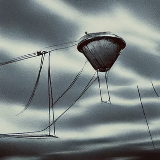 Image similar to an inflated stainless steel chrome gondola in the clouds, people are hanging by steel cables. Intricate technical drawing. Mammatus clouds. solarpunk