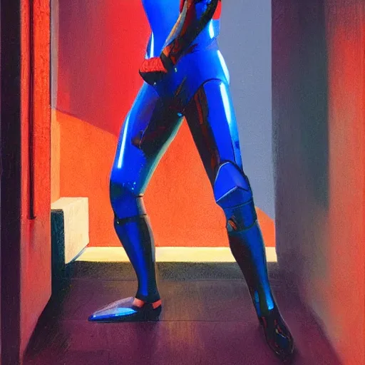 Image similar to sylvester stallone blue and red metal cyber suit, tech noir, wet reflections, prism, atmospheric, ambient, pj crook, syd mead, livia prima, greg rutkowski, edward hopper