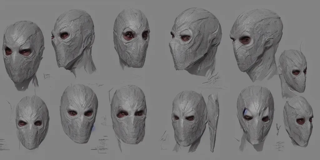 Image similar to skin mask design, character sheet, Moebius, Greg Rutkowski, Zabrocki, Karlkka, Jayison Devadas, Phuoc Quan, trending on Artstation, 8K, ultra wide angle, zenith view, pincushion lens effect.