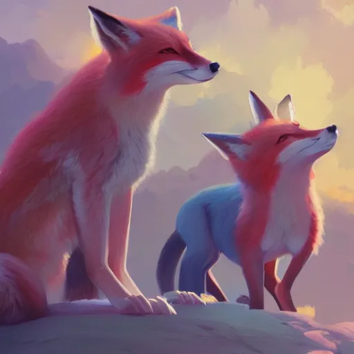 Image similar to painted portrait of a family portrait of foxes, fantastically pastel colors, octane render, matte painting concept art, official fanart behance hd artstation by jesper elsing, by rhads and makoto shinkai and lois van baarle and ilya kuvshinov and rossdraws