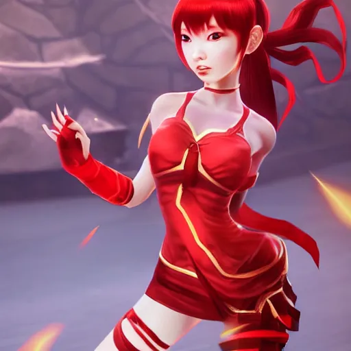 Image similar to half length portrait of a half - chinese teenage girl with short red hair and red outfit, still from arcane : league of legends 3 d by christopher c. lee