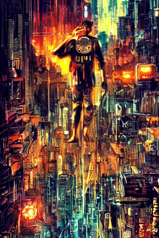 Image similar to movie poster for randypunk, intricate, orange eyes overlooking city, street gang, dramatic lighting, cyberpunk city, epic composition, bladerunner, tatsuki fujimoto
