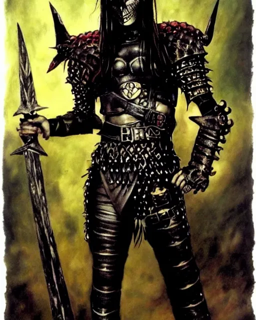 Image similar to portrait of a skinny punk goth warrior wearing armor by simon bisley, john blance, frank frazetta, fantasy, sorceror