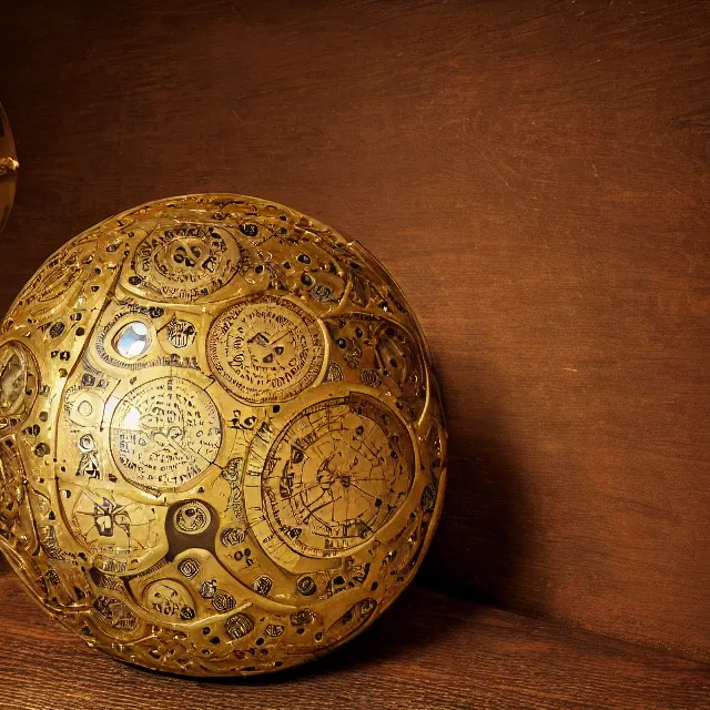 Prompt: a dramatically lit photo of an ancient, powerful brass and gold artifact round ball spherical astrolabe liahona artifact sitting on a wooden table. the intricate, metal lace, detailed ball is covered in dials and ancient egyptian markings, with two arrows, glowing from within, filled with gears glimpsed inside, with a star - chart