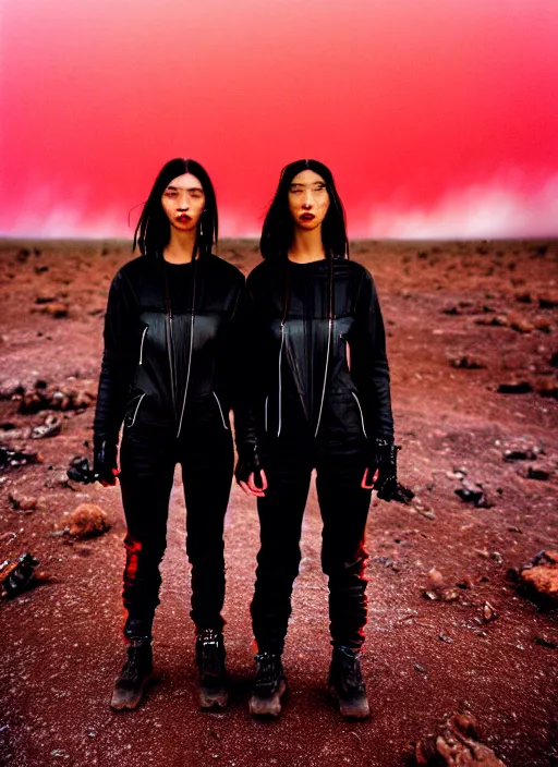 Prompt: cinestill 5 0 d photographic portrait of two loving clones, beautiful women wearing rugged black techwear on a desolate plain with a red sky, extreme closeup, diverse species, cyberpunk style, in front of a brutalist dark metal facility, dust storm, 3 5 mm, 8 k, f / 3 2, high resolution, ultra realistic faces