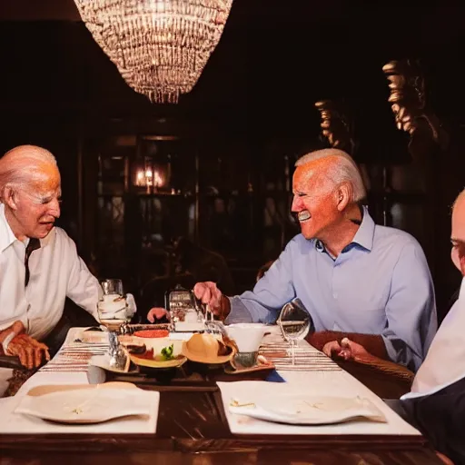 Image similar to Trump and Biden having dinner at a fancy Balinese restaurant, award winning photography, 85mm, perfect faces