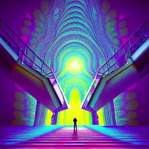 Image similar to photo - realistic, painting of a man walking alone in the boulevard of psychedelic dreams, trippy stairs in the background, hyper detail, sharp, in the style of beeple, mobeius, rule of thirds, unreal engine