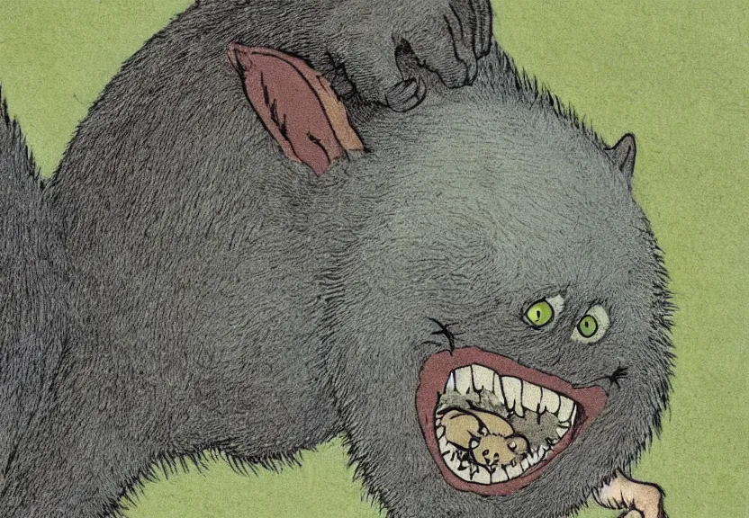Prompt: possum monster in the wild, colorized, high detail, by Maurice Sendak