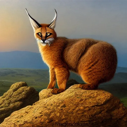 Image similar to a cute fluffy caracal on a high hill landscape with a circle of four large stones like fingers on the top, by ted nasmith