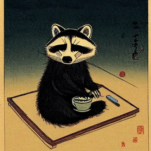 Prompt: little raccoon sitting by a cozy fireplace with a cup of tea. warm color temperature. ukiyo - e,