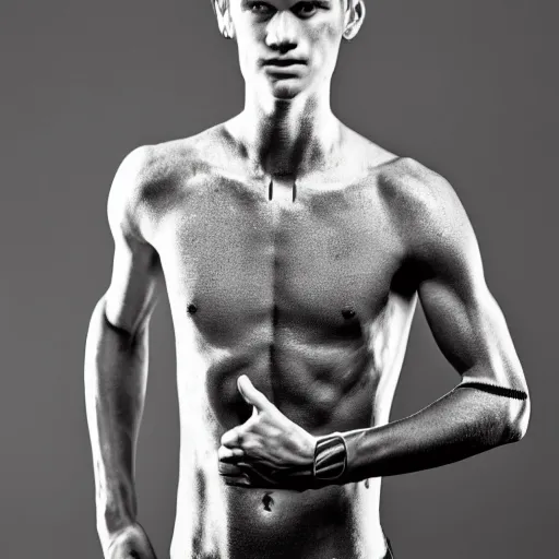 Image similar to a realistic detailed photo of a guy who is an attractive humanoid who is half robot and half humanoid, who is a male android, soccer player martin ødegaard, shiny skin, posing like a statue, blank stare, in a living room, on display, showing off his muscles