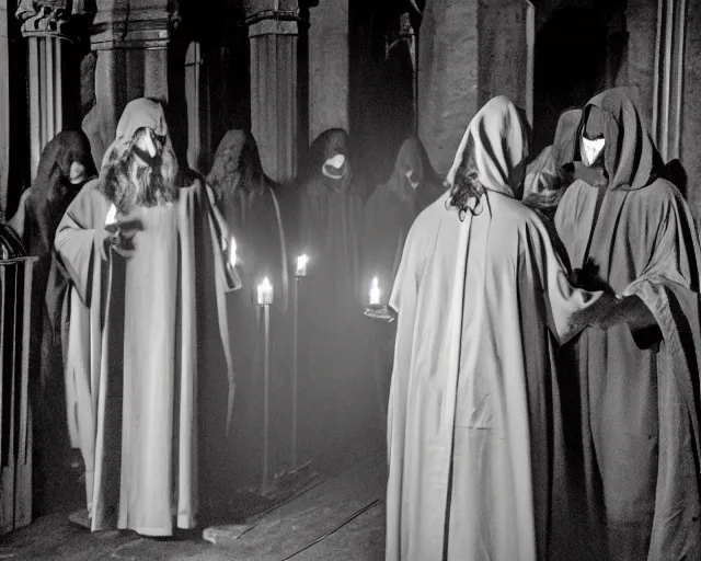 Image similar to a cultist ceremony, cultists with robes and masks, church interior, satanic church interior, the fog. horror lighting, found footage