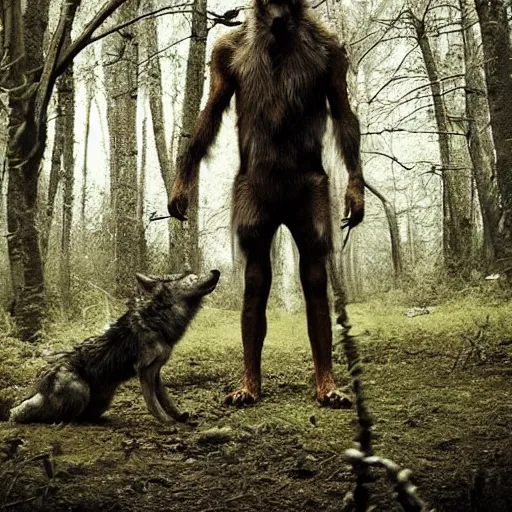 Image similar to standing werecreature consisting of a human and wolf, photograph captured in a forest