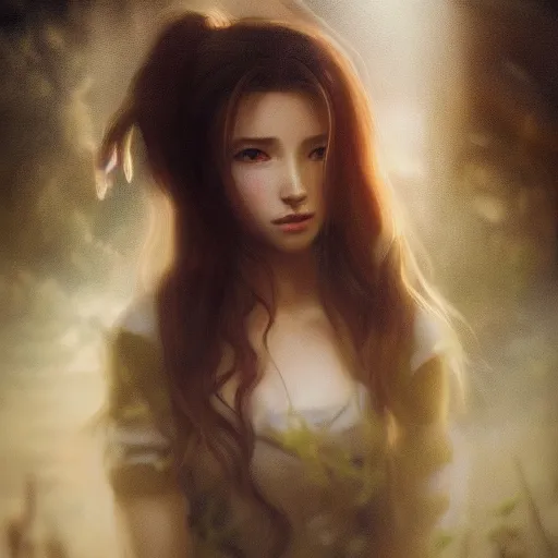 Image similar to beautiful aerith gainsborough, face centered portrait, confident, fog, rain, volumetric lighting, beautiful, golden hour, sharp focus, ultra detailed, cgsociety by leesha hannigan, ross tran, thierry doizon, kai carpenter, ignacio fernandez rios _ c 9. 5