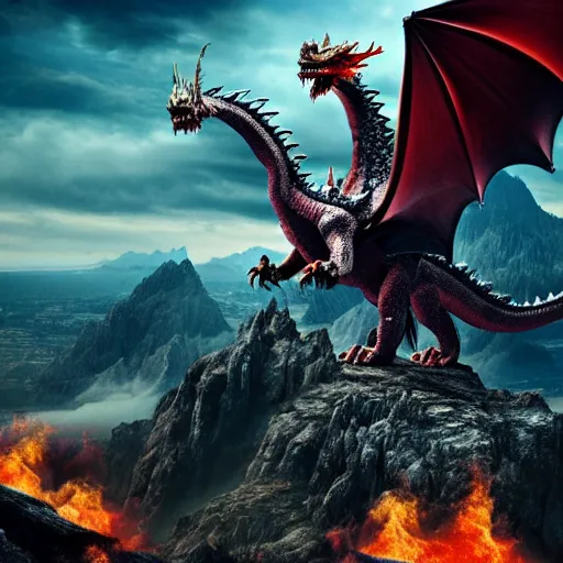 Prompt: giant dragon standing on a mountain, highly detailed, 4 k, hdr, award - winning, directed by zack snyder
