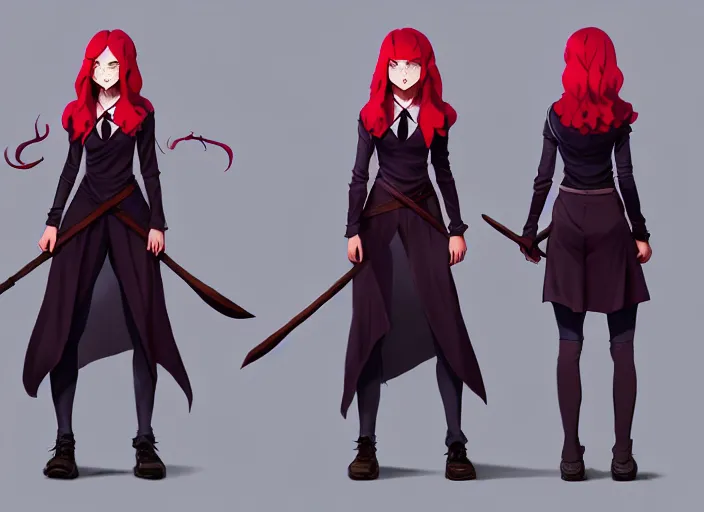 Image similar to character sheet of attractive female student witch by greg rutkowski, magic school uniform, glowing red hair color, by studio ghibli and ross tran, digital art, trending on artstation, highly detailed, concept art, beautiful, masterpiece