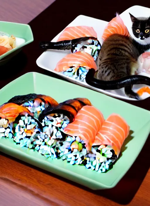 Image similar to clear photograph of cute cats stealing sushi from sushi plates