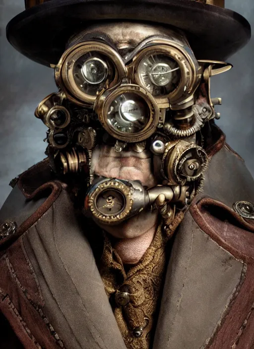 Image similar to closeup portrait of a steampunk medieval goblin wearing a top hat and goggles, depth of field, zeiss lens, detailed, symmetrical, centered, fashion photoshoot, by Annie Leibovitz and Steve McCurry, David Lazar, Jimmy Nelsson, Breathtaking, 8k resolution, extremely detailed, beautiful, establishing shot, artistic, hyperrealistic, beautiful face, octane render