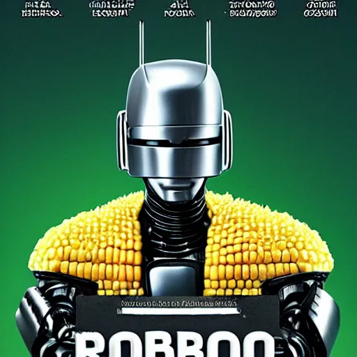 Image similar to A corn on the cob as robocop: robocrop. Movie poster.