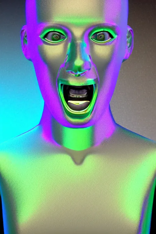 Image similar to 3d render of holographic angry human robotic screaming angry bust made of glossy iridescent, screaming, bust, surrealistic 3d illustration of a human non-binary, non binary model, 3d model human, cryengine, made of holographic texture, holographic material, holographic rainbow, concept of cyborg and artificial intelligence