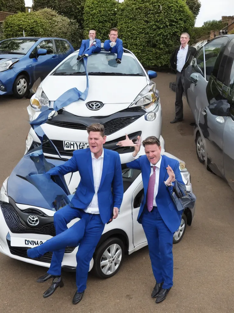 Image similar to Sir Kier Starmer wearing a blue suit jumping on top of a toyota yaris