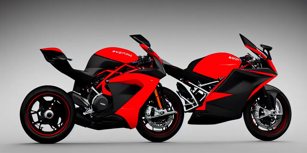 Prompt: a design of a futuristic ducati, designed by pininfarina, northern lights background, brushed red bike paint, black rims, dark show room, dramatic lighting, hyper realistic render, depth of field