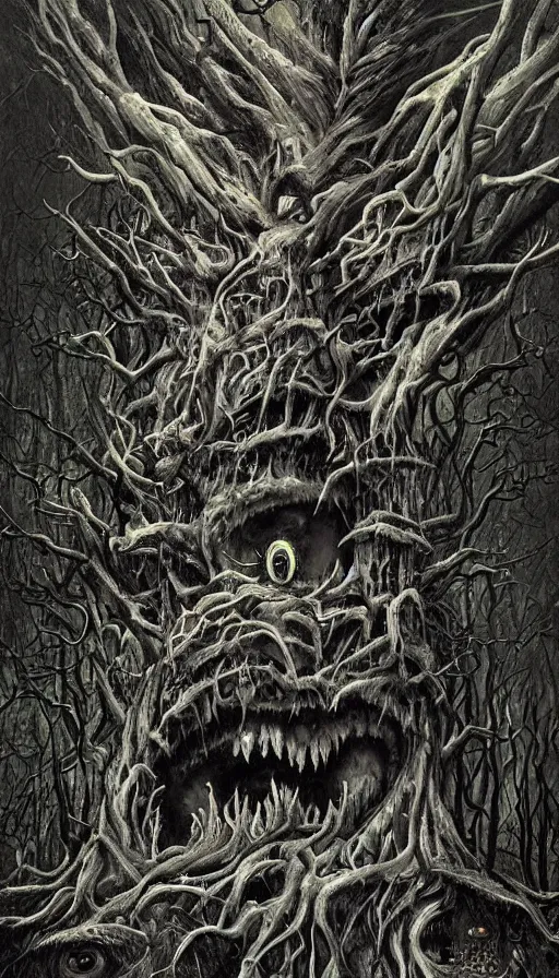 Prompt: a storm vortex made of many demonic eyes and teeth over a forest, by jason de graaf
