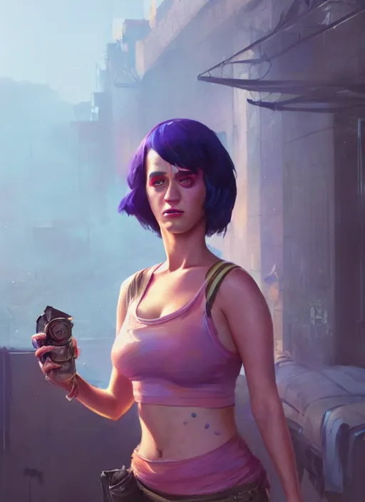 Image similar to Highly detailed full-body portrait of homeless Katy Perry, in GTA V, Stephen Bliss, unreal engine, fantasy art by Greg Rutkowski, Loish, Rhads, Makoto Shinkai and Lois van baarle, ilya kuvshinov, rossdraws, Tom Bagshaw global illumination, radiant light, detailed and intricate environment