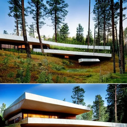 Image similar to a modern house in the woods. the house is the shape of a mobius strip with large picture windows. there are pine trees all around.