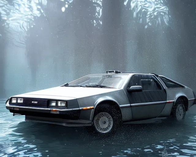 Prompt: delorean submerged under water, cinematic, photoreal, by red dead redemption 2