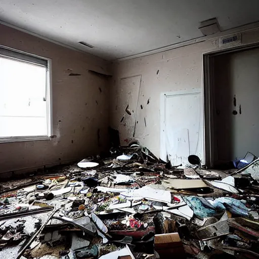 Image similar to The illustration shows a scene of total destruction. A room has been completely wrecked, with furniture overturned, belongings strewn about, and debris everywhere. The only thing left intact is a single photograph on the wall. This photograph is the only evidence of what the room once looked like. It shows a tidy, well-appointed space, with everything in its place. The contrast between the two images is stark, and it is clear that the destruction was complete and absolute. midnight blue by Qian Xuan ecstatic, a e s t h e t i c