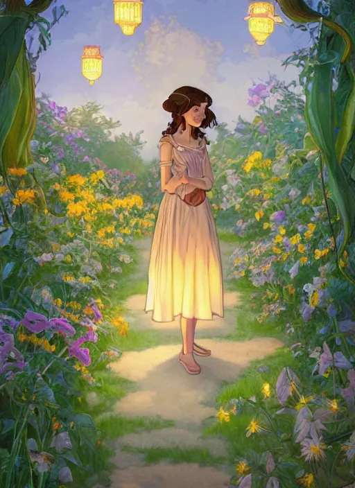 Prompt: well - lit art nouveau portrait of a 1 3 - year old girl wearing a sundress in a flower garden with lanterns at night, natural lighting, path traced, highly detailed, high quality, cartoon, digital painting, by don bluth and ross tran and studio ghibli