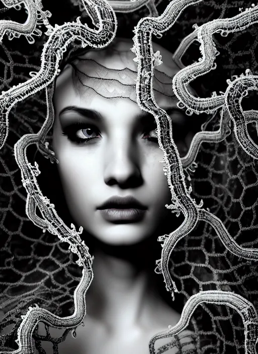 Image similar to surreal mythical dreamy dark artistic black and white fine art photo of a beautiful young female medusa - cyborg covered with lace fish scales and translucent algae, highly detailed, intricate crystal ivy jelly fish scales ornate, lace web, poetic, octane render, 8 k, photo - realistic