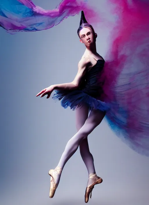 Prompt: ballerina in a photorealistic dramatic hyperrealistic render of a beautiful smoke dancer by ken brower and deborah ory of nyc dance project, lois greenfield, flowing cloth and smoke colourful acrylic ink drop art, beautiful boris johnson dynamic dramatic dark moody lighting, volumetric, shadows, cinematic atmosphere, octane render, 8 k