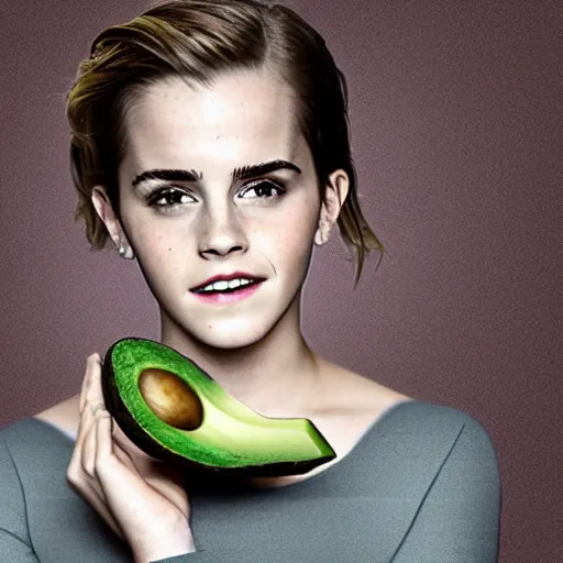 Image similar to photograph of emma watson with green avocado skin, anthropomorphic, photoshop