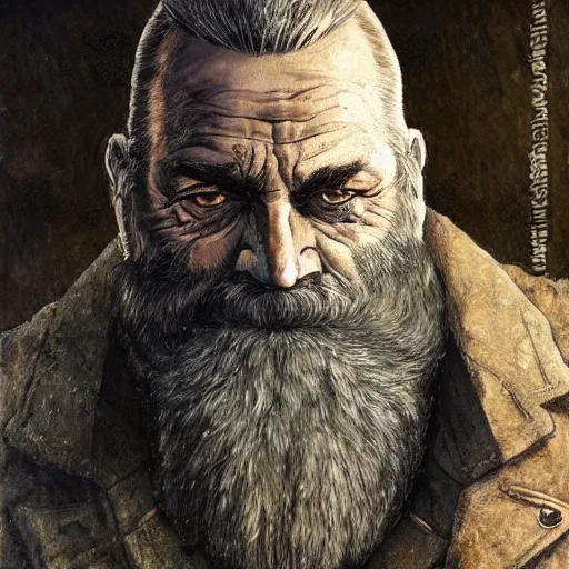 Prompt: a stunning render of a middle aged man with a greying beard by enki bilal and ivan shishkin