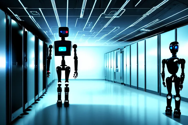 Image similar to full body robot with human mask on wheels, background data server room, neon and dark, illumination ray tracing hdr render in i am robot movie shot