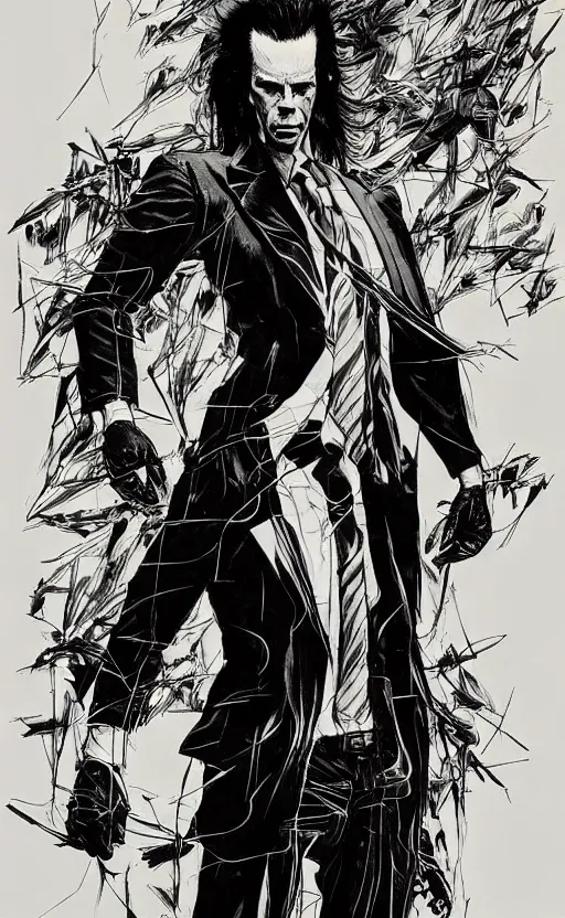 Prompt: full body portrait of nick cave, concept art, sumi - e style, intricate linework, artstation, trending, highly detailed, smooth, focus, art by yoji shinkawa and glenn fabry, lee bermejo, gabriele dell'otto